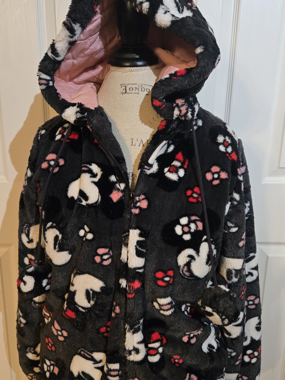 Disney Black Hooded Puffer Jacket with Pink Lining and White Character Print